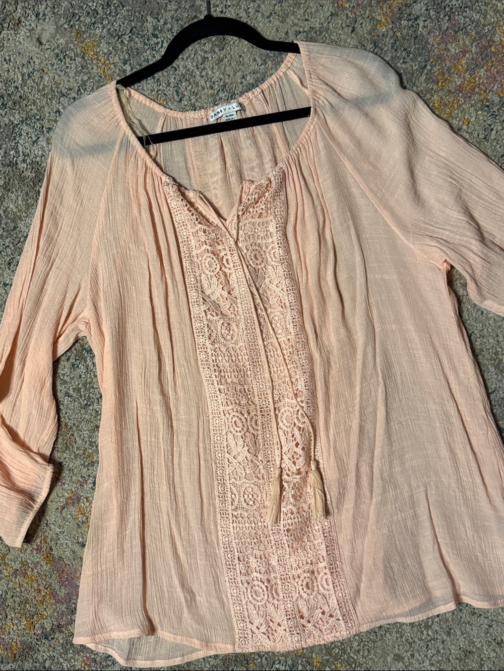 Peasant Lace-Front Gauzy Tunic Top in Blush Peach XL